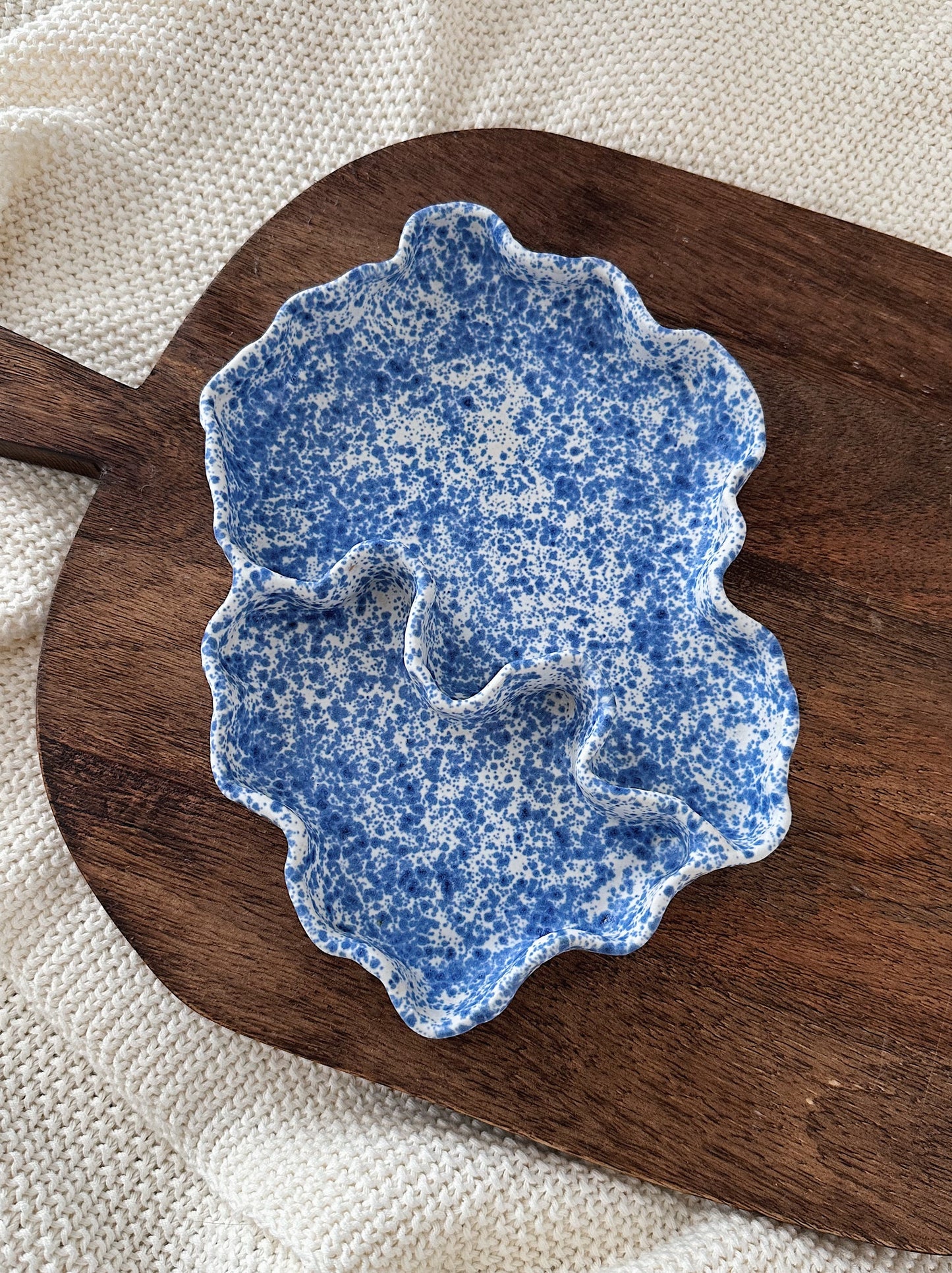 WAVY plate with speckled blue & white glaze