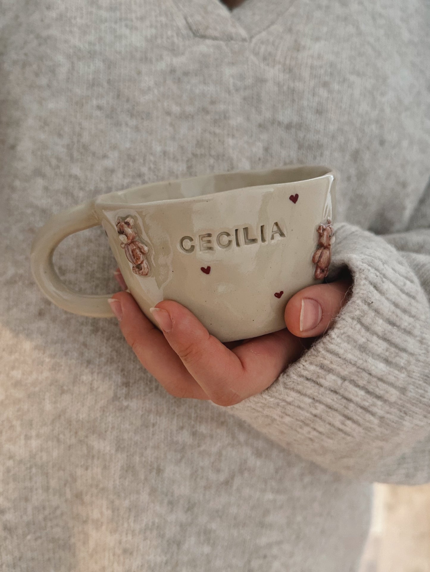 PERSONALIZED teddy mug with handpainted hearts