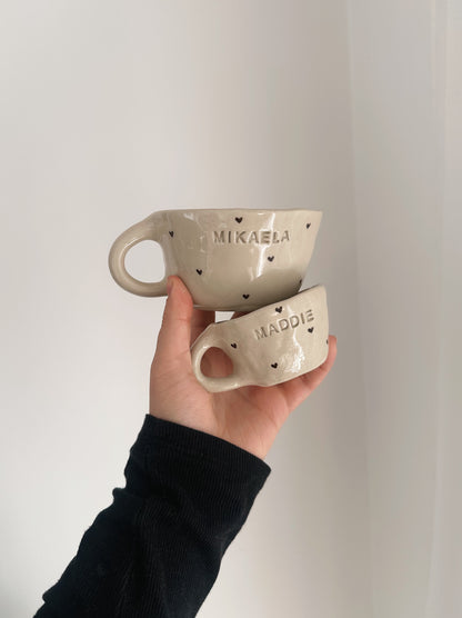 PERSONALIZED matching mother & mini mugs with handpainted hearts