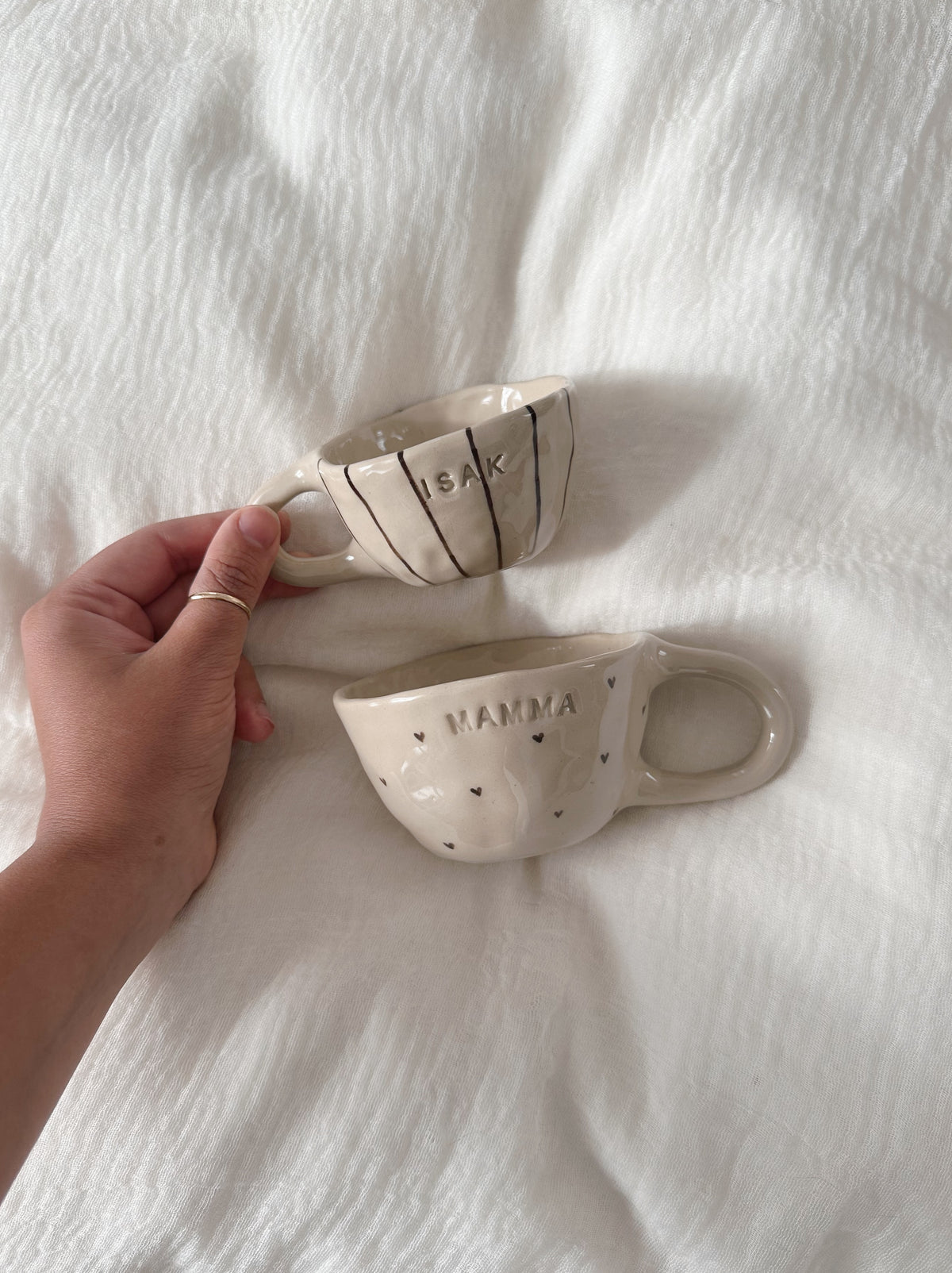 PERSONALIZED matching mother & mini mugs with handpainted hearts or stripes