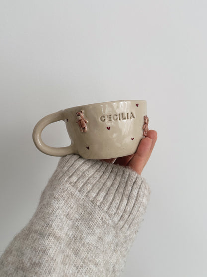 PERSONALIZED teddy mug with handpainted hearts